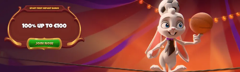 Bannière de bonus de sport Magius présentant un personnage de lapin et une offre de correspondance de 100 %